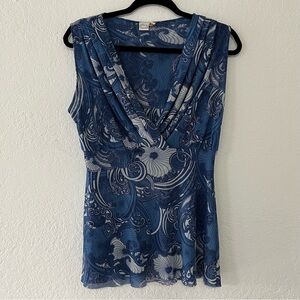 Johnny Heaven Y2K Style Blue Paisley Mesh V Neck Peplum Blouse‎ Women’s Size XL